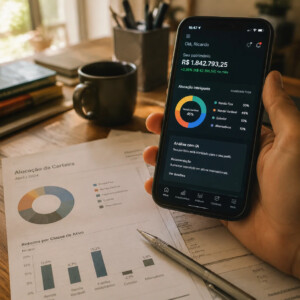 Printed investment portfolio charts and smartphone showing AI-powered financial dashboard on a wooden desk